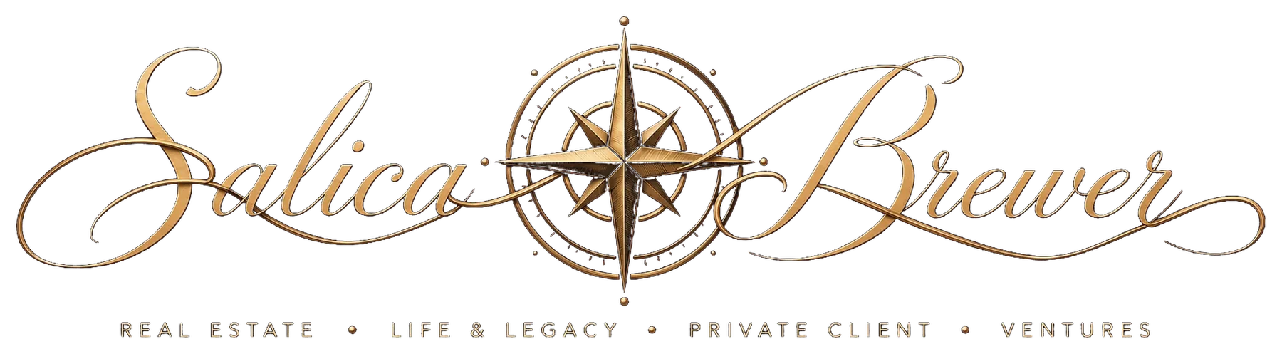 Salica Brewer official emblem: gold script wordmark around a compass rose, with the divisions Real Estate, Life and Legacy, Private Client, Ventures